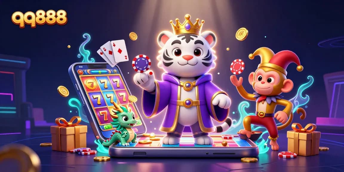 Play poker with qq888 in colorful 3D fantasy, featuring a white tiger and a golden monkey!
