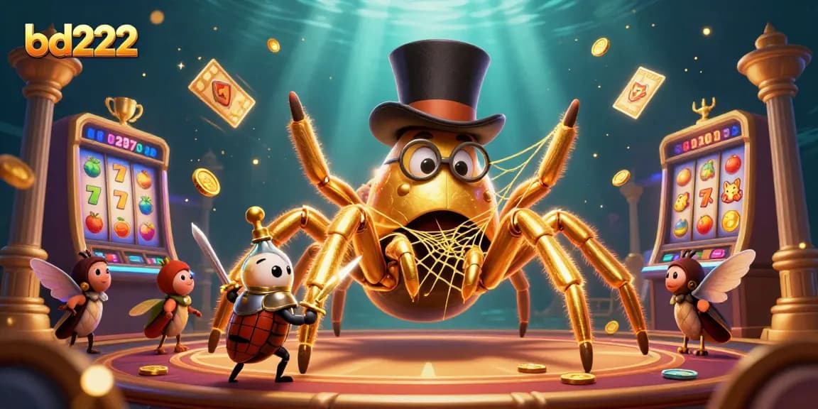 Engage in exciting slots at bd222 with a vibrant casino scene featuring a golden tarantula and beetle knight.