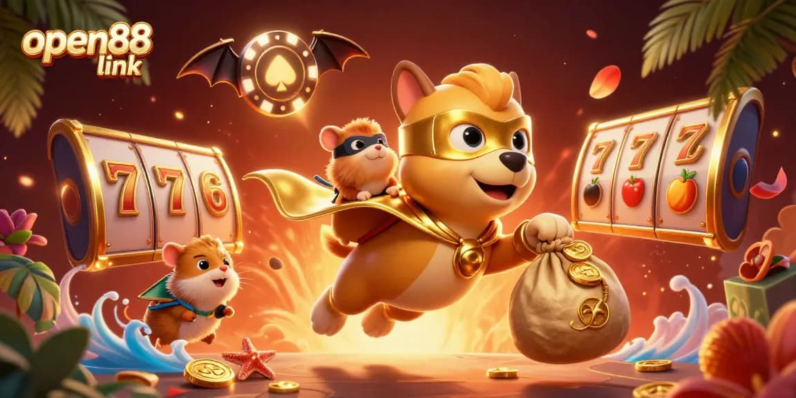 Experience thrilling fun with open88 link as a superhero dog carries gold coins while flying through a casino-themed world.