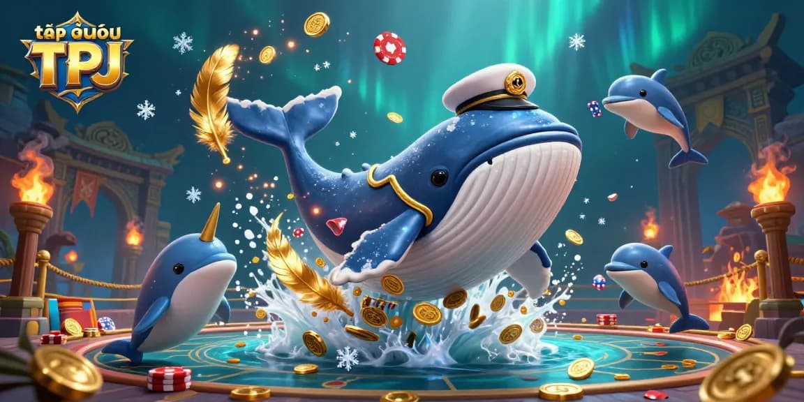 In this vibrant scene, the tập đoàn TPJ showcases a massive whale captain breaching a sea of coins.