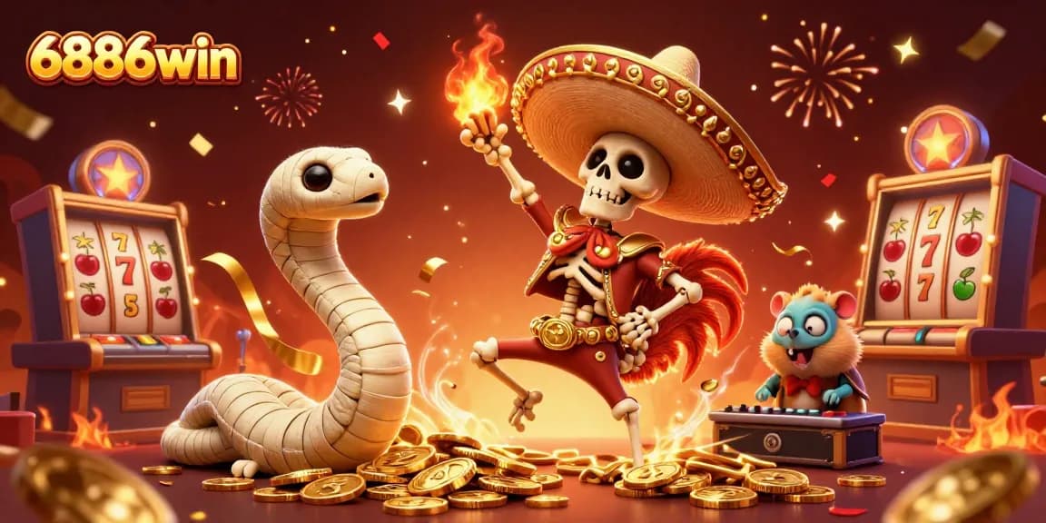 Spin and win with 6886win's dynamic slot adventure featuring vibrant 3D characters and lively casino elements.