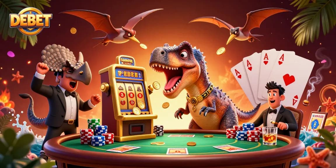 DEBET casino illustration with a cartoon dinosaur hitting a slot machine, catching coins.