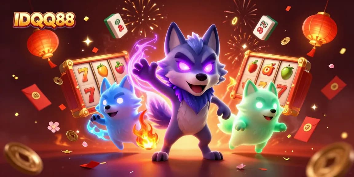 Engage with IDQQ88's thrilling slot gaming experience highlighted by magical wolves and festive elements.