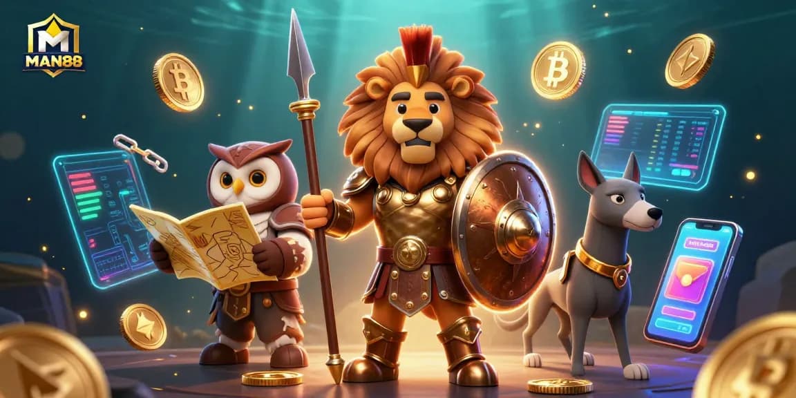 Engage with MAN88's gaming universe featuring a Spartan lion amidst crypto coins, enhancing your betting experience.