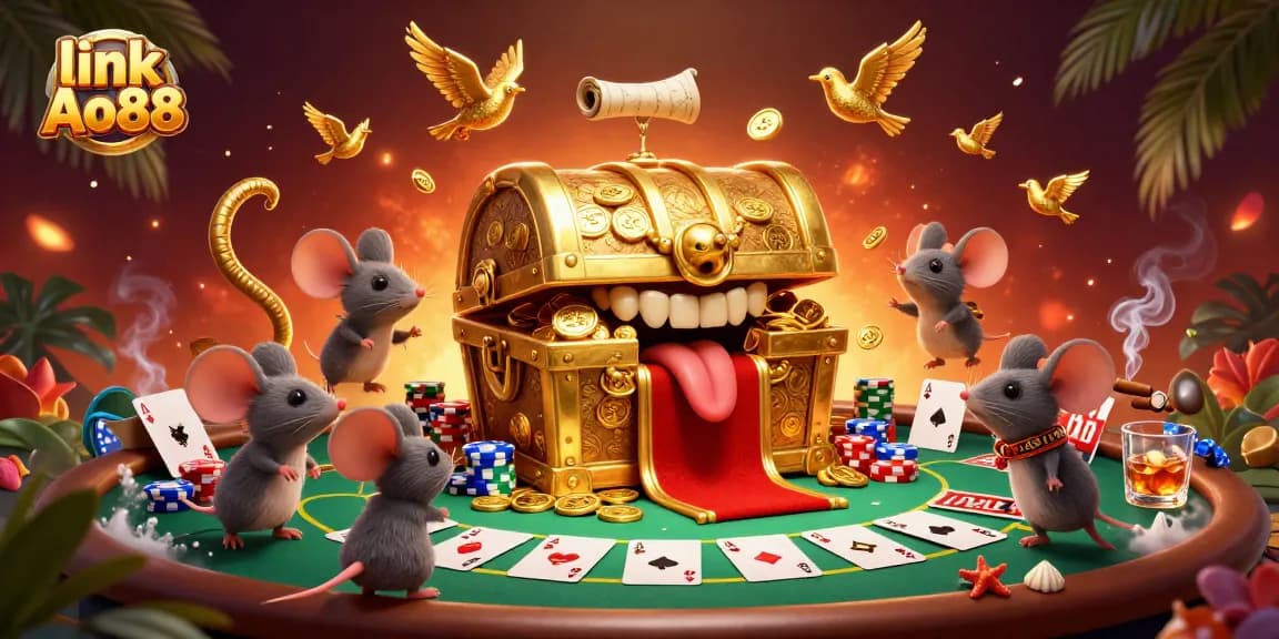 Engage with the luck at link Ao88 through vibrant casino elements and treasure-themed illustrations.