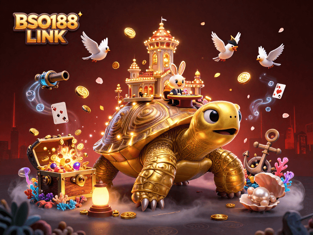 Engage in exciting moments with BSO188 LINK featuring a golden tortoise casino scene, vibrant characters, and treasure elements.