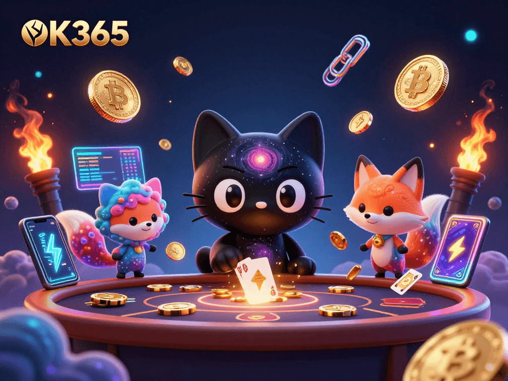 Bet big with OK365's cosmic casino, where a black hole cat and nebula fox pull in winning chips!