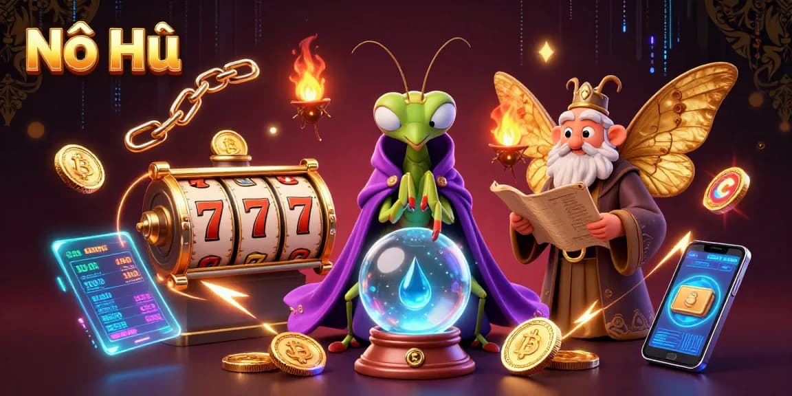 Nổ Hũ slot reels and crypto coins come alive in an engaging fortune teller scene.