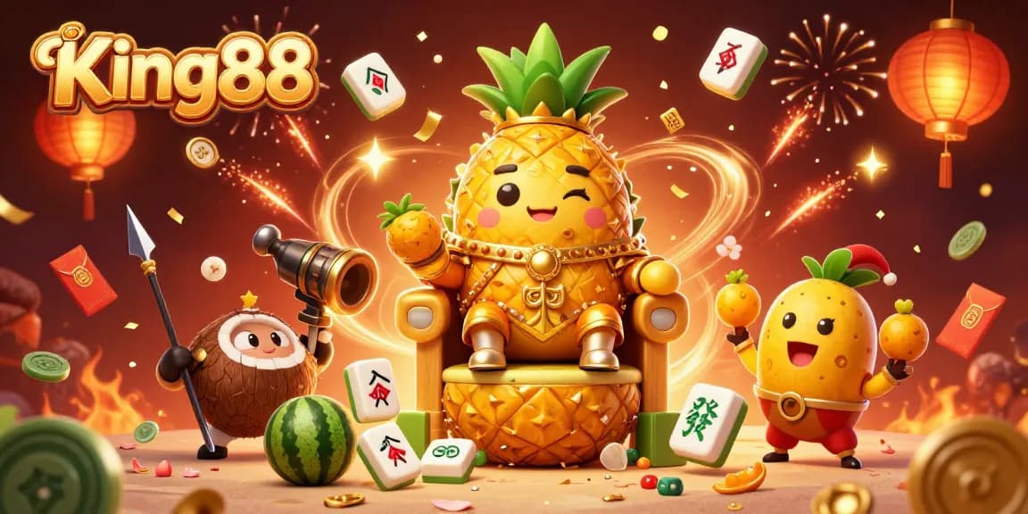 Experience King88's thrilling games with the vibrant golden pineapple king and exciting casino elements.