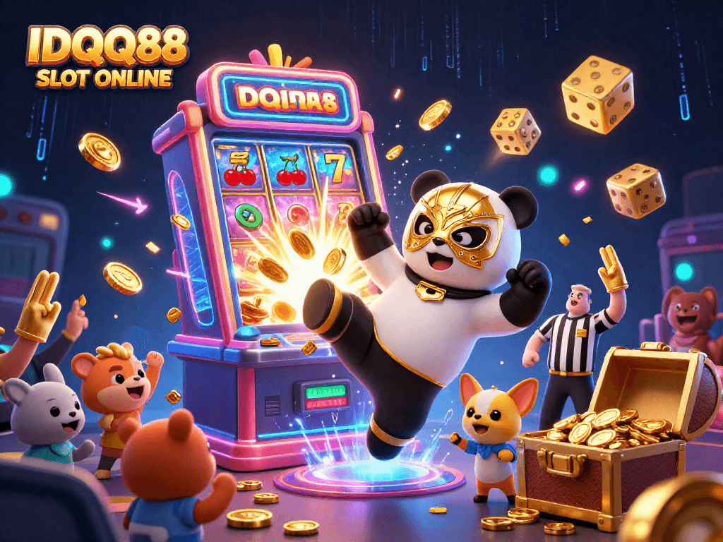 Catch the excitement in IDQQ88 SLOT ONLINE as a panda wrestler flies through coins and jackpots, celebrating wins!