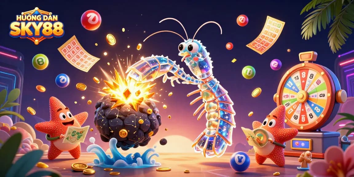 Experience HƯỚNG DẪN SKY88 with a vibrant 3D illustration of a galactic mantis shrimp at a bustling casino scene.