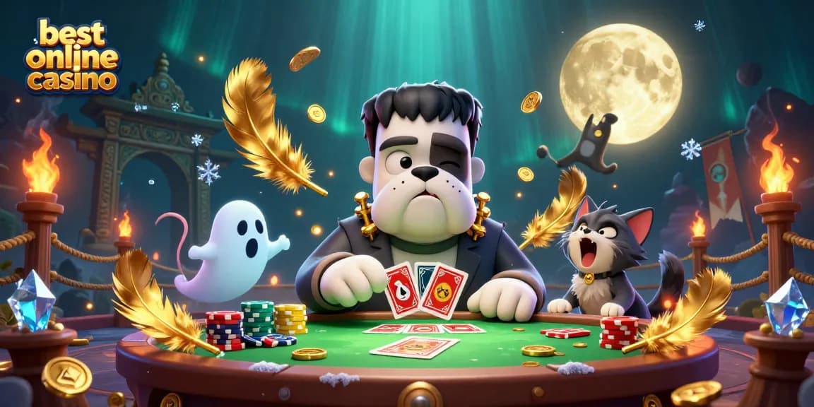 Experience the thrill at the best online casino with a vibrant 3D scene of cartoon characters dealing cards and celebrating.