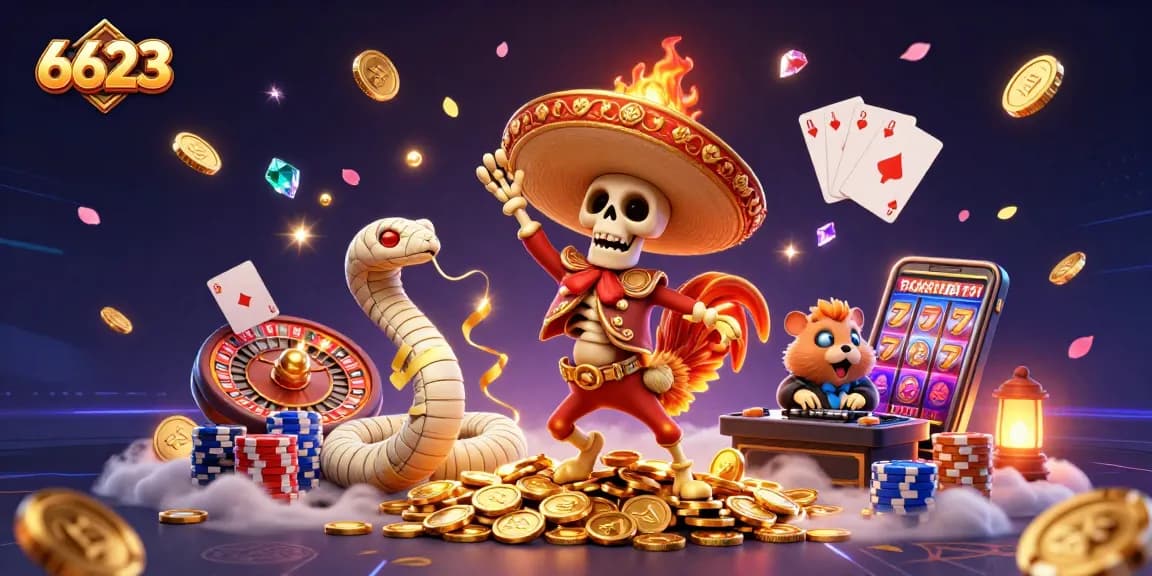 Experience the excitement of 6623 with a festive scene of a mariachi rooster and characters celebrating around casino elements.