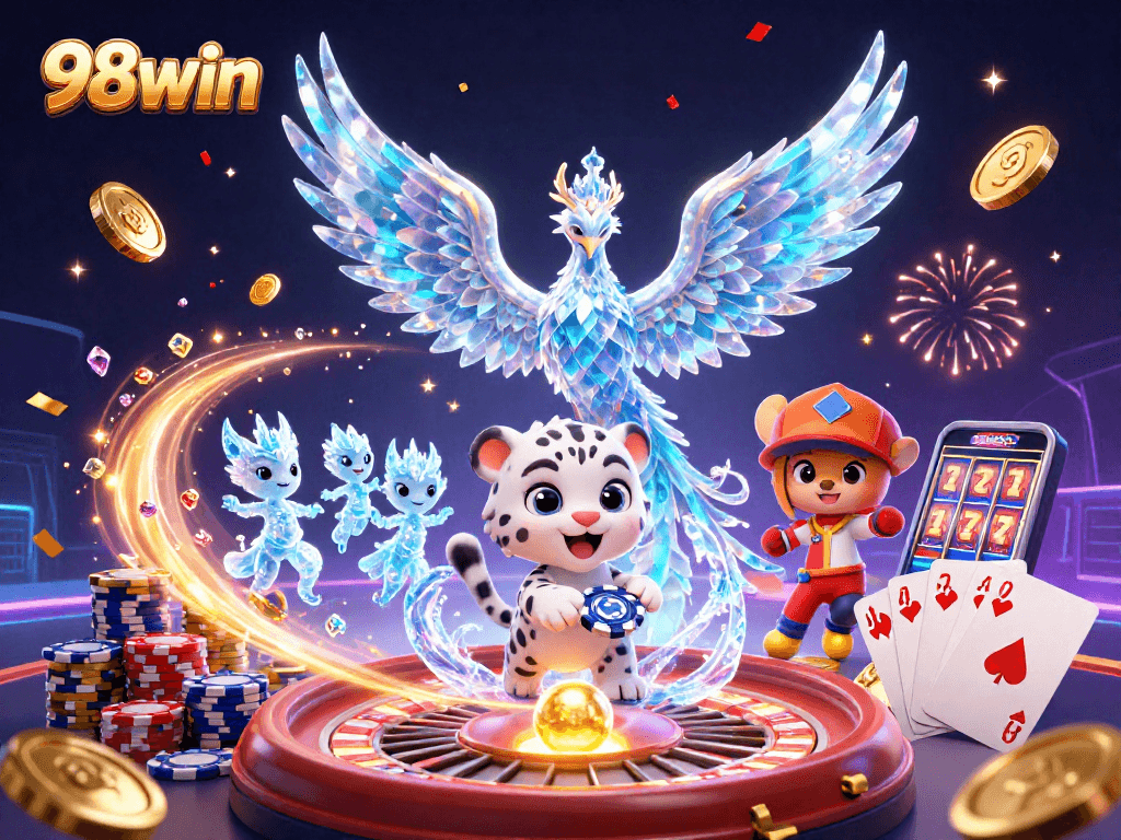 Experience the thrilling action at 98win with dynamic gambling elements in a vibrant casino-themed illustration.