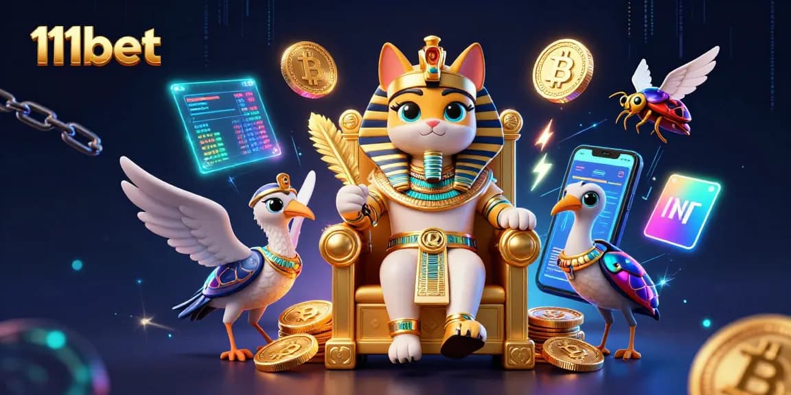 Experience the excitement of 11bet with a vibrant 3D illustration featuring a pharaoh cat and crypto elements.