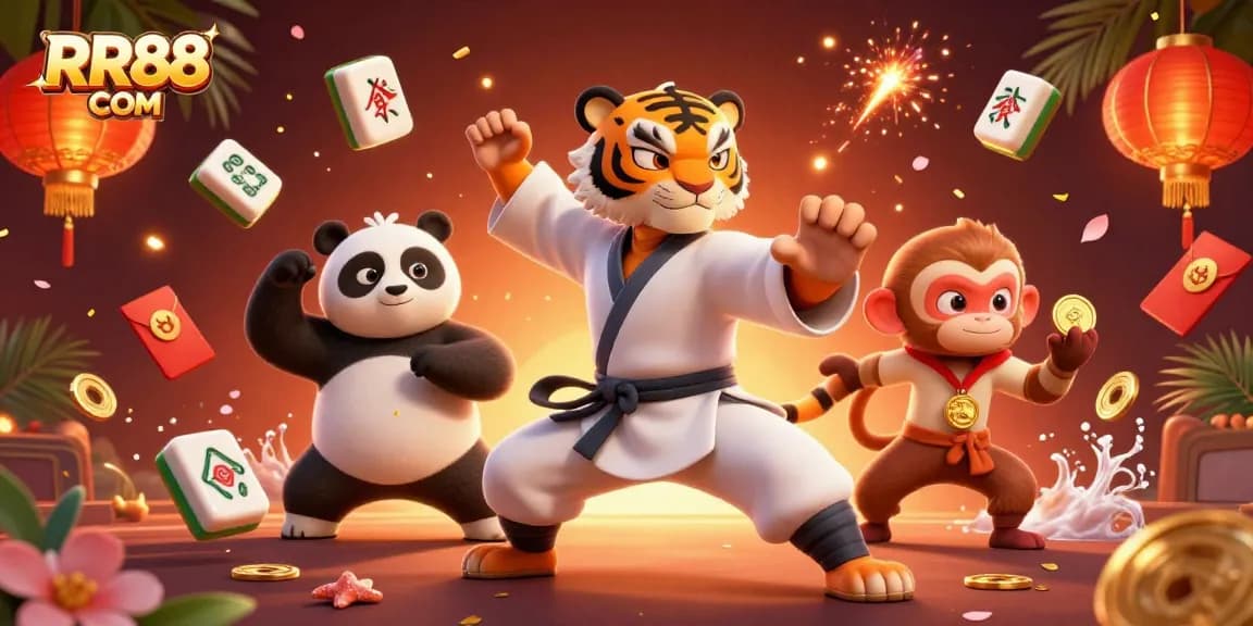 Win big with RR88 COM featuring kung fu characters surrounded by vibrant casino elements.