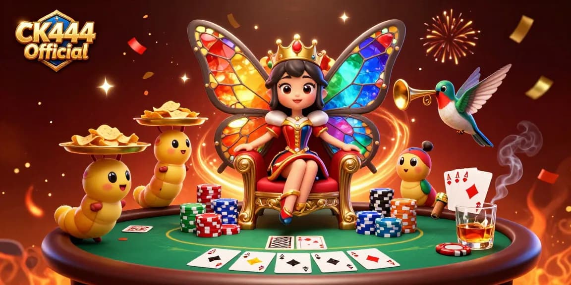 Experience the excitement of CK444 Official with a vibrant casino scene featuring a butterfly queen and poker elements.