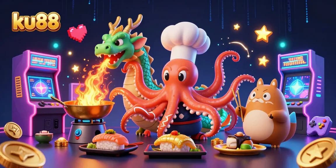 Experience the excitement of ku88 with a vibrant illustration featuring a sushi chef octopus and dragon in a dynamic casino scene.
