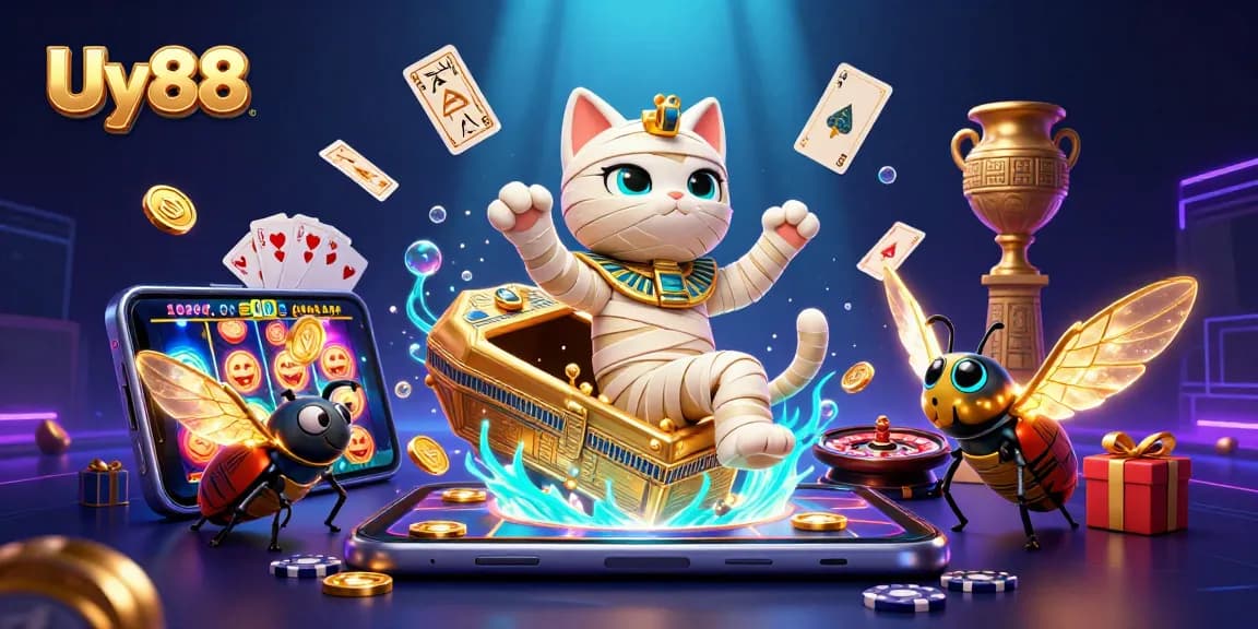 Uy88 showcases thrilling gaming experiences with a mummy cat and glowing wings in a vibrant pyramid casino.