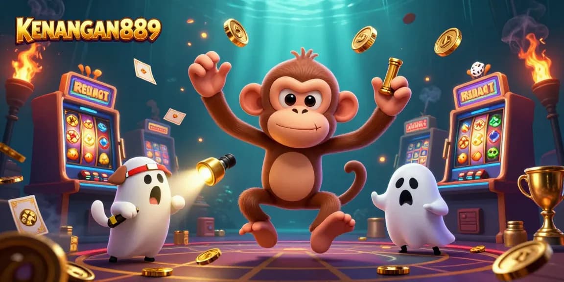 Experience exciting slots and wins with KENANGAN889 in a vibrant haunted casino scene.