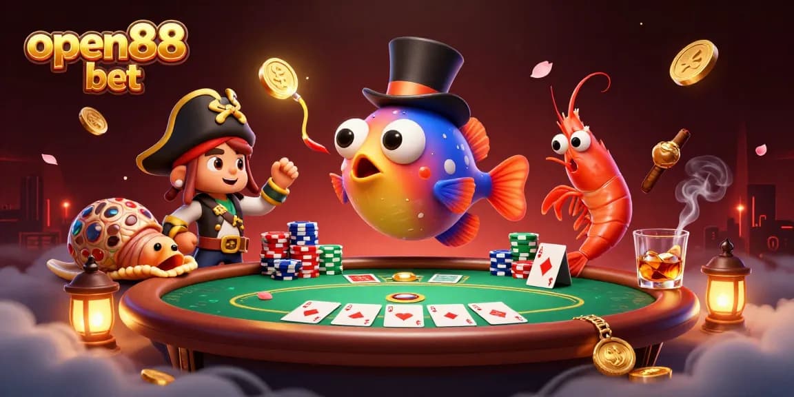 Join the thrilling open88 bet scene with dazzling golden coins, poker elements, and vibrant characters.