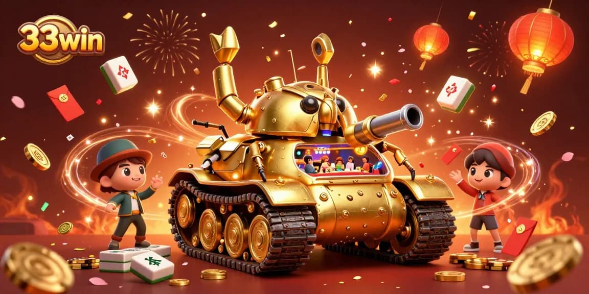 Engage with the vibrant 33win miniature casino scene featuring a golden beetle tank, confetti, and festive elements.