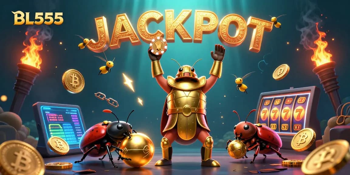 Win big with BL555 as the victorious beetle lifts a poker chip amidst a vibrant casino scene.