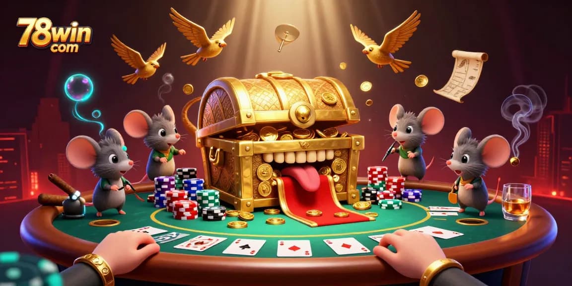 Play and win at 78win com with thrilling 3D casino adventure illustration featuring poker chips and treasure.