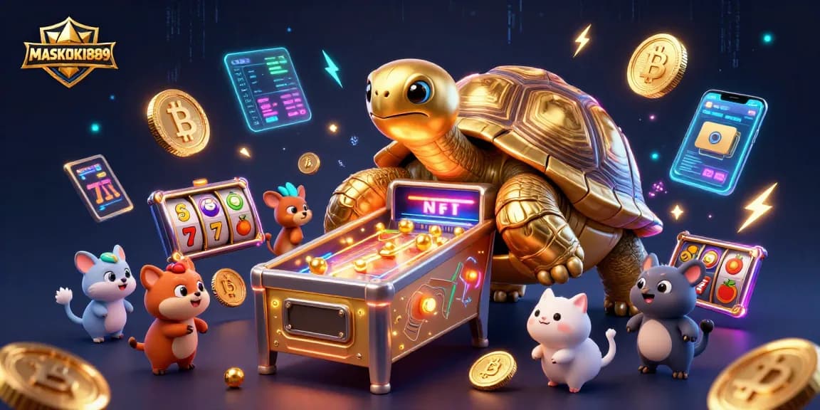 Experience thrill with MASKOKI889's vibrant 3D casino scene featuring exciting slot games and cryptocurrencies