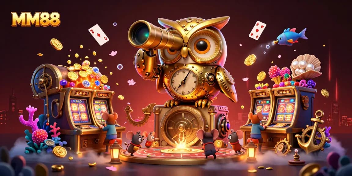 Experience the magical world of MM88 casino with a stunning illustration showcasing a golden owl and whimsical mice among slot machines.