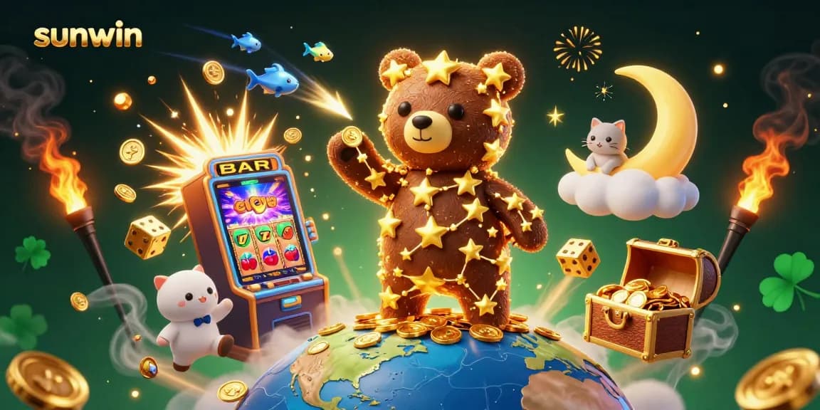 Experience the excitement of sunwin with a vibrant jackpot explosion and stunning 3D characters in a casino-themed illustration.