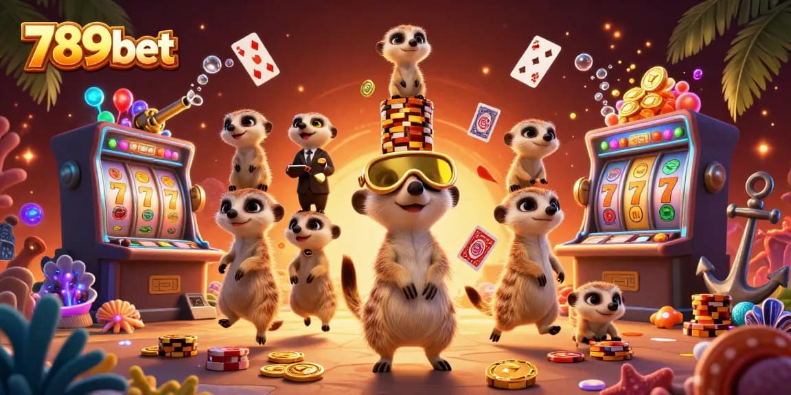 Engage with 789bet's vibrant casino adventure featuring cartoon meerkats managing a lively gaming scene.