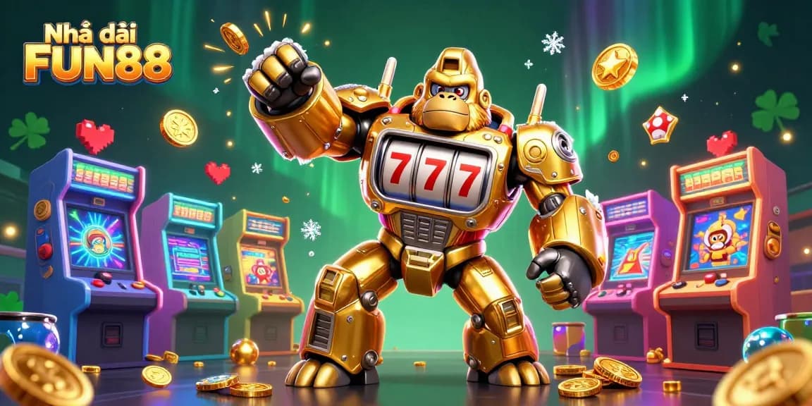 Experience thrilling gaming with Nhà cái FUN88 featuring a golden gorilla mech surrounded by vibrant arcade elements.