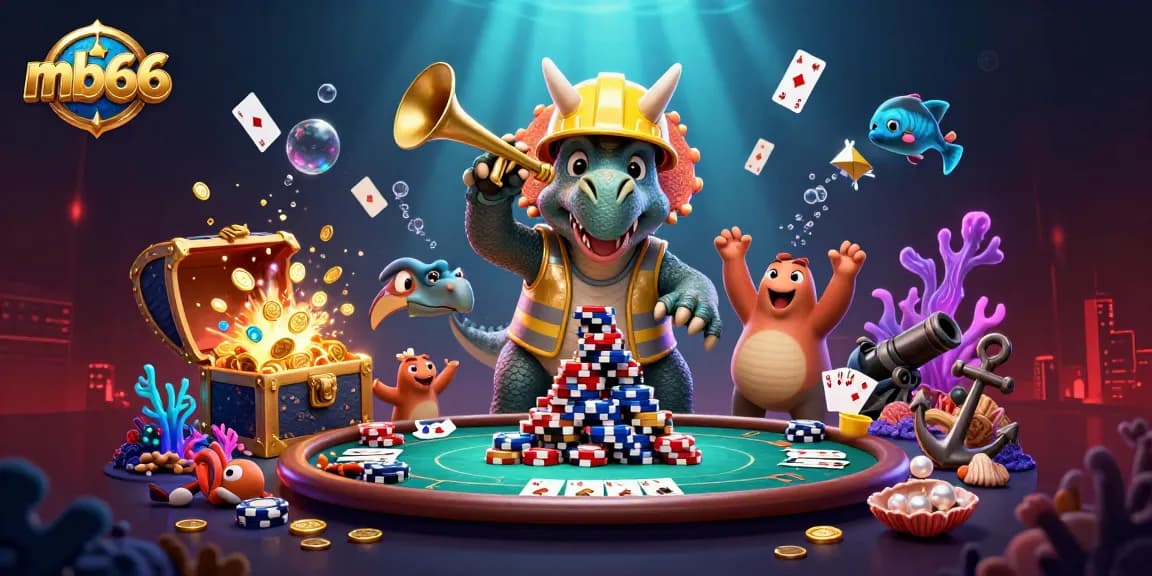Cheerfully showcasing mb66, a 3D cartoon scene of a triceratops and more, celebrating poker wins.