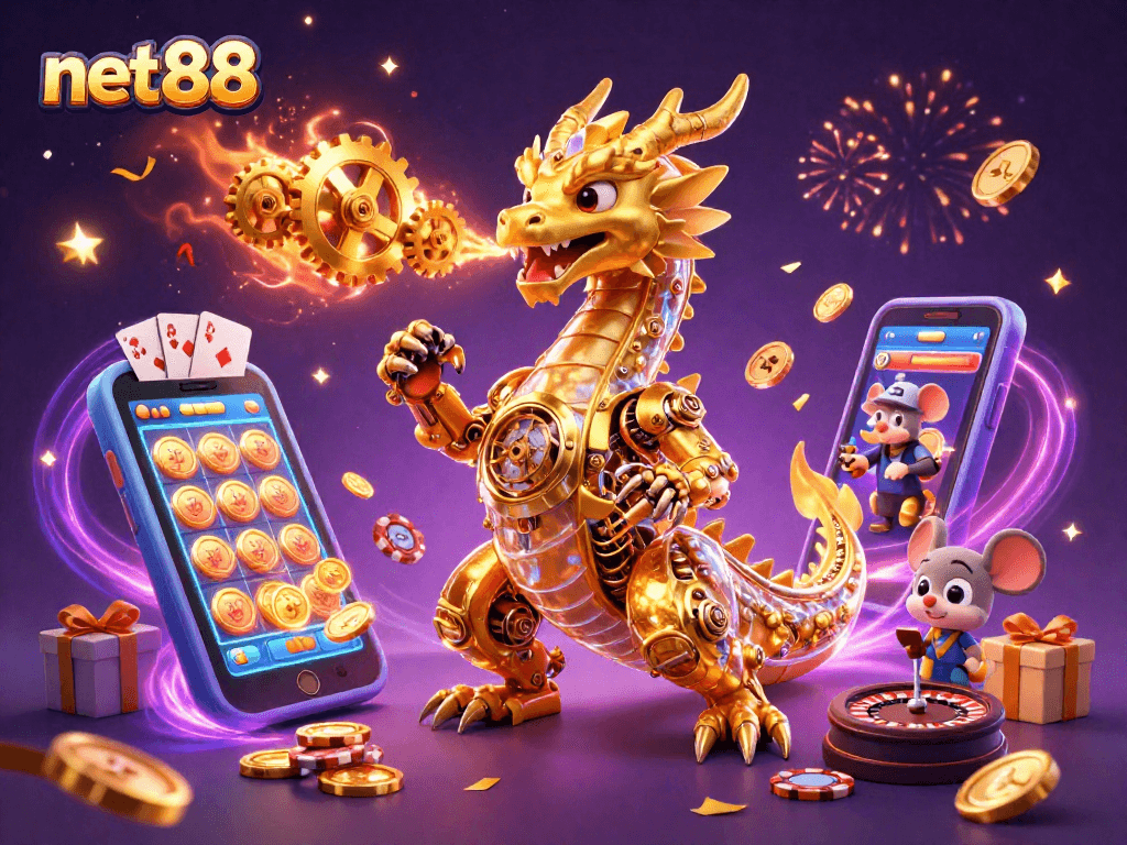 Experience thrilling wins with net88's dynamic slot games featuring a golden dragon and engineer.