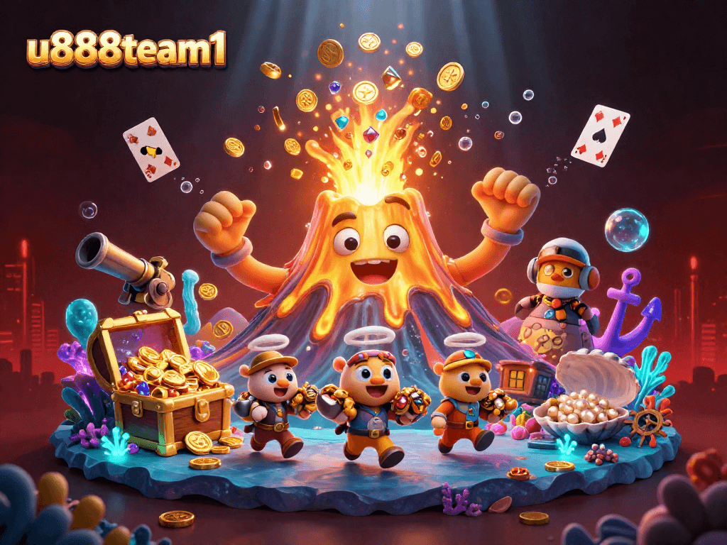 Experience thrilling action at u888team1 with a dynamic eruption of treasures in a vibrant casino scene.