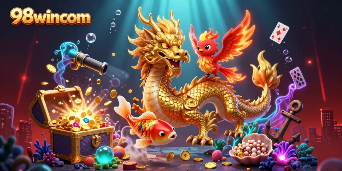 Experience thrilling gaming with the 98wincom dragon, phoenix, and koi in a vibrant casino scene.