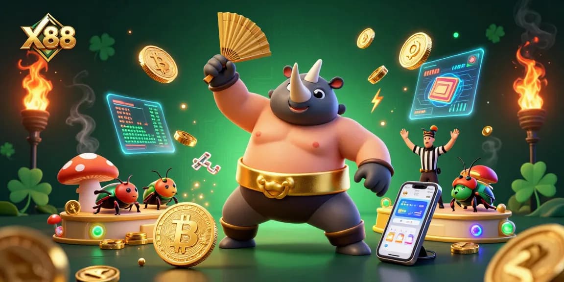 X88, the sumo beetle champion, wins big sending coins flying in a dynamic casino-themed 3D scene.