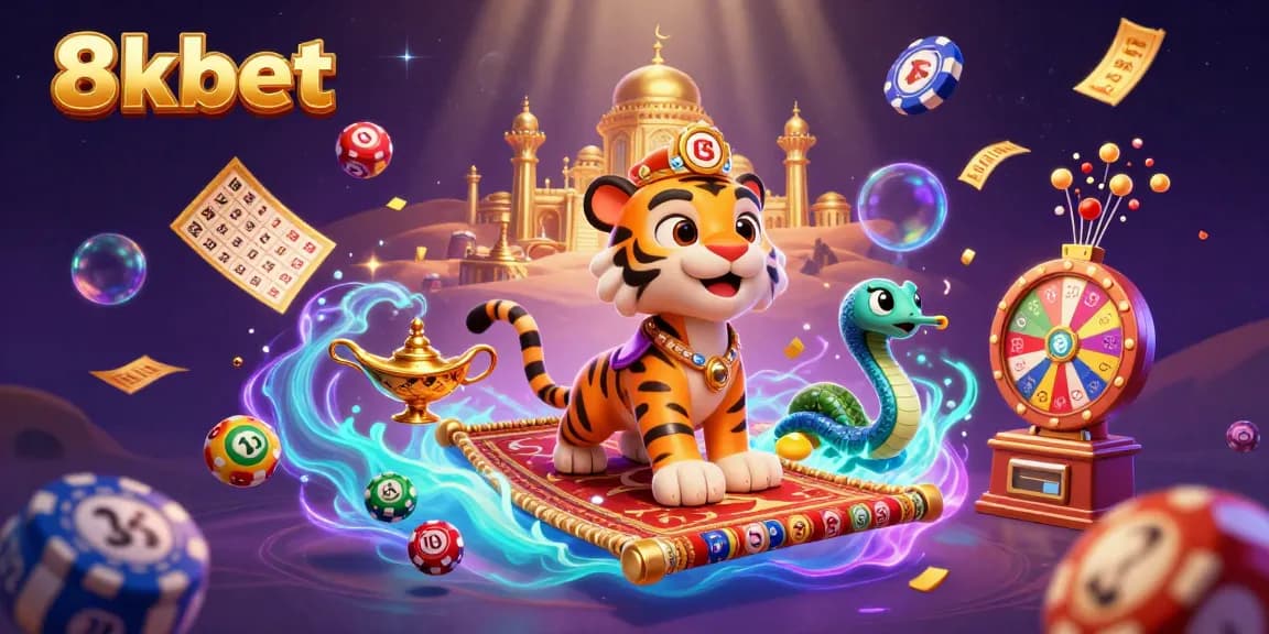 Experience excitement at 8xbet with a vibrant scene of a tiger sultan, lottery elements, and dynamic rewards.