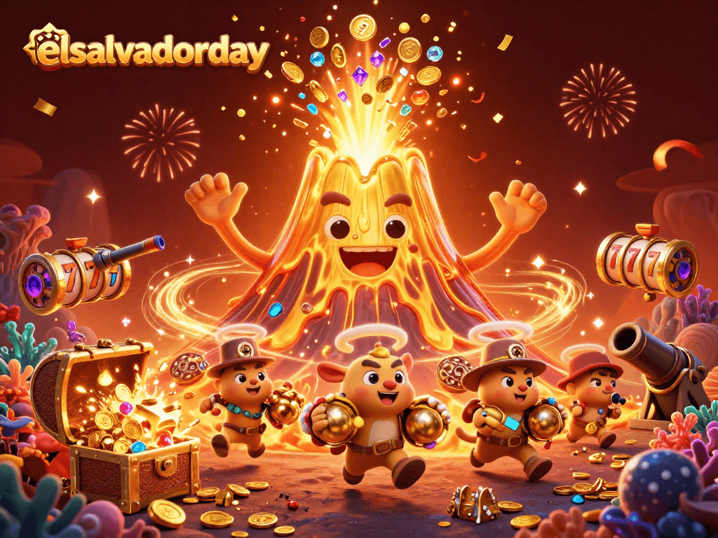 Experience winning moments with elsalvadorday in a vibrant 3D gambling scene featuring treasures and slot reels.