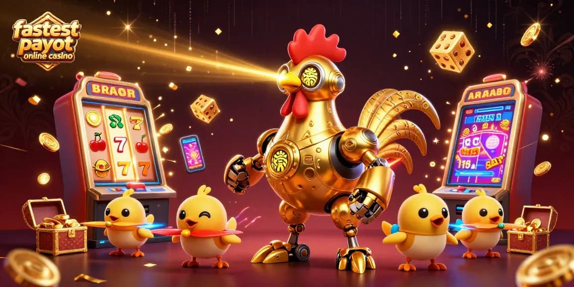 Visualize the excitement of a fastest payout online casino with golden rooster robot and jackpot symbols.