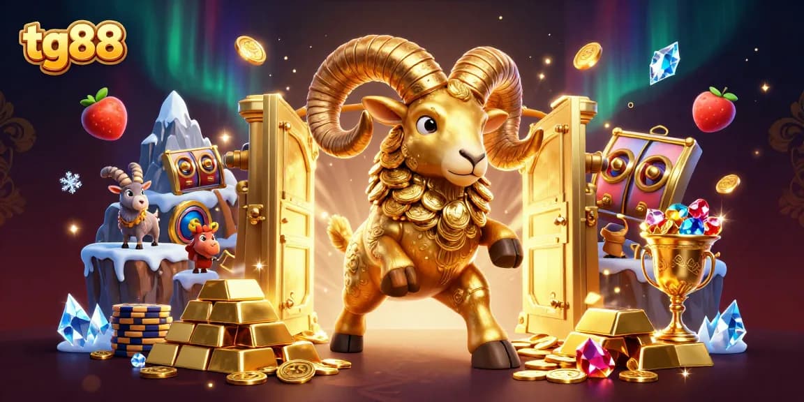 Experience the tg88 rush with a golden ram charging towards fortune in this dynamic online casino scene.