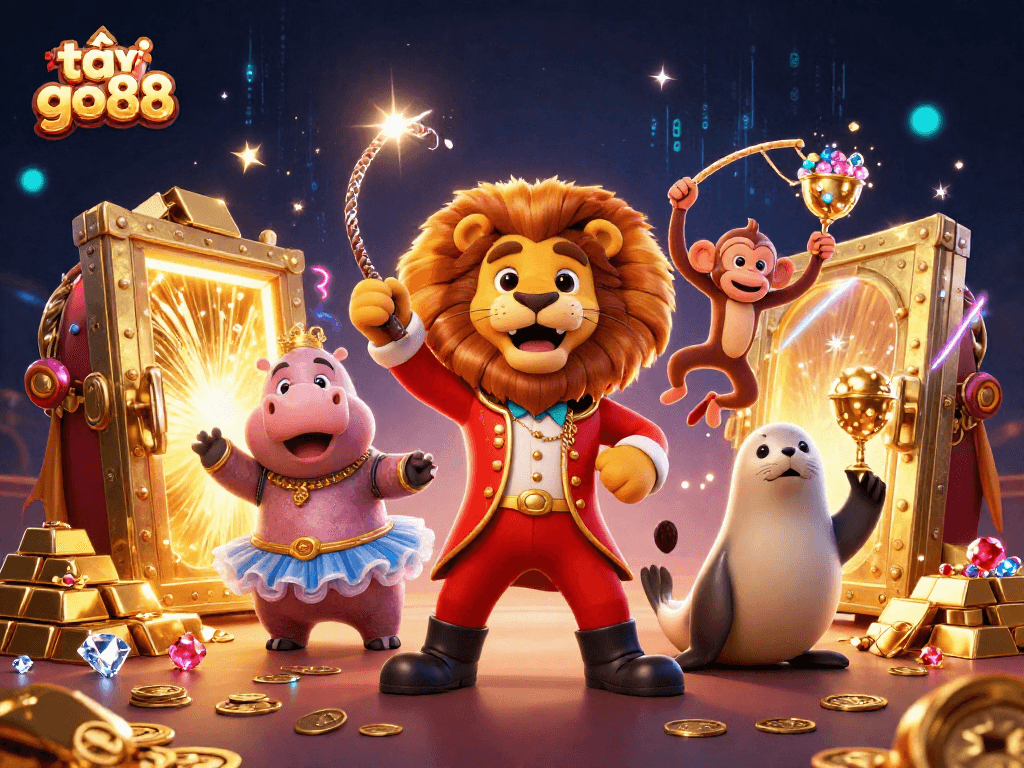 Experience the thrill of tải go88 with this vibrant 3D casino scene featuring lively characters and treasures.
