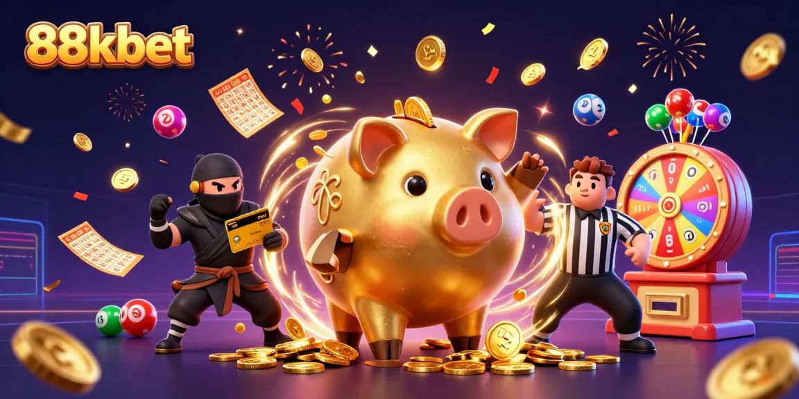 Experience big wins at 88kbet with a lively 3D casino scene featuring vibrant gambling elements.