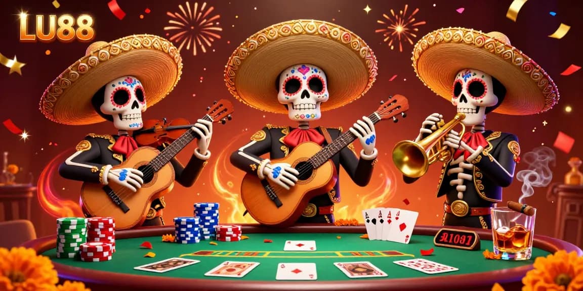 Engage in excitement at LU88 with a lively 3D illustration of a mariachi band gambling at a vibrant casino.