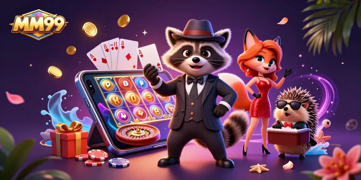 Experience the thrill of MM99 with a suave raccoon holding a royal flush amidst vibrant casino elements.