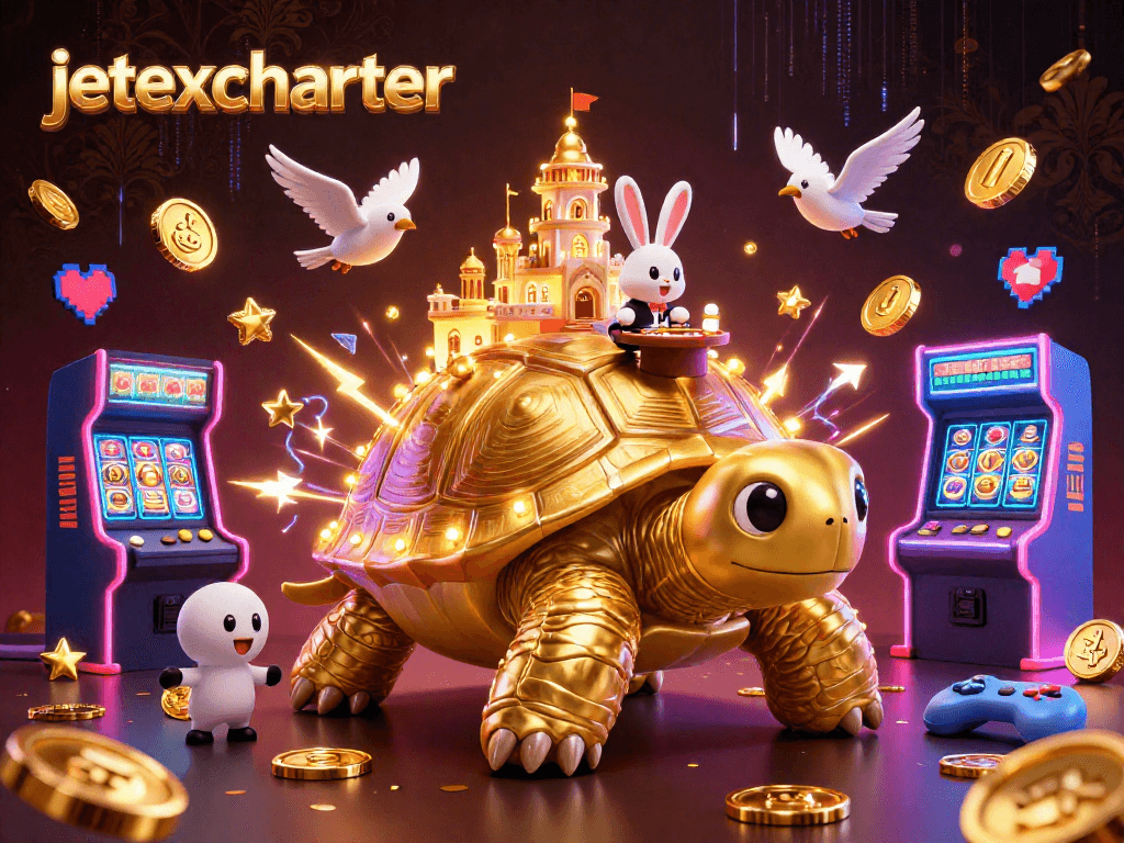 Experience the excitement of jetexcharter with a golden tortoise casino illustration featuring thrilling slot reels.