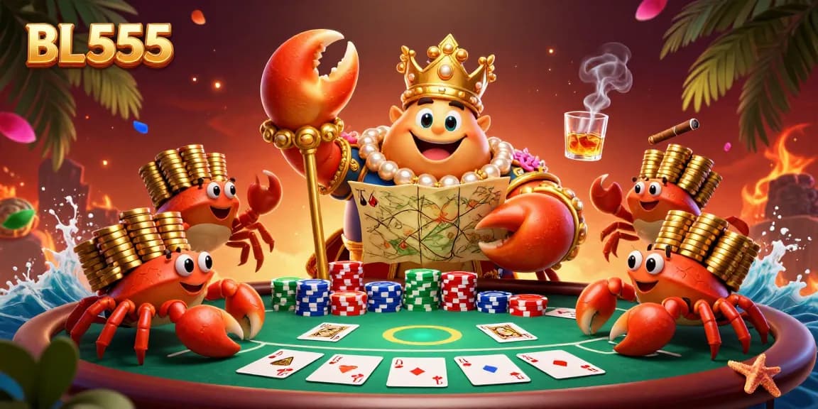 Engage in thrilling gameplay at BL 555, featuring a golden crab emperor surrounded by vibrant poker elements.