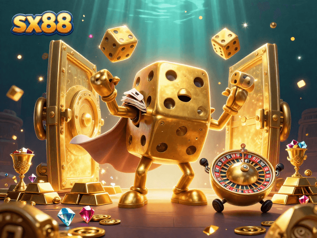 Win big at sx88 with golden dice golem and treasure vault in this vibrant casino scene.