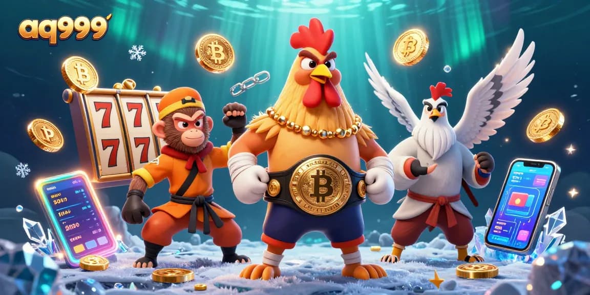 Play exciting slot games on aq999 featuring a fierce Muay Thai rooster, monkey martial artist, and golden coins.